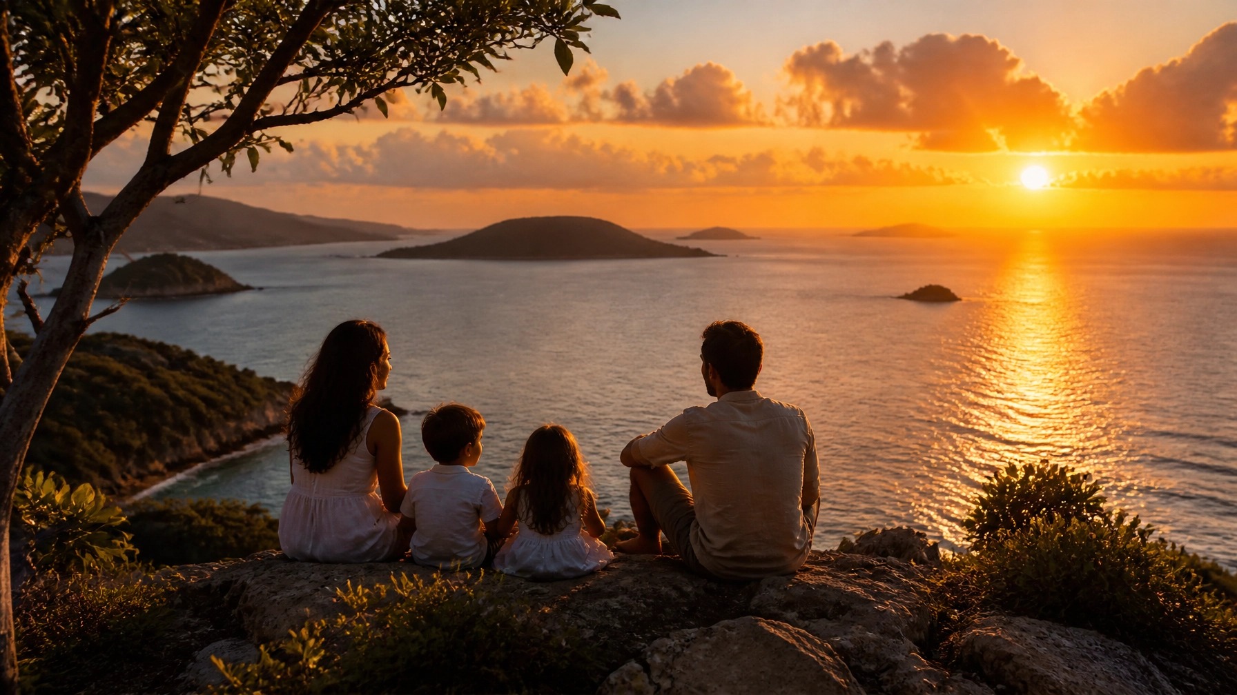 A family watching the sunset over the ocean