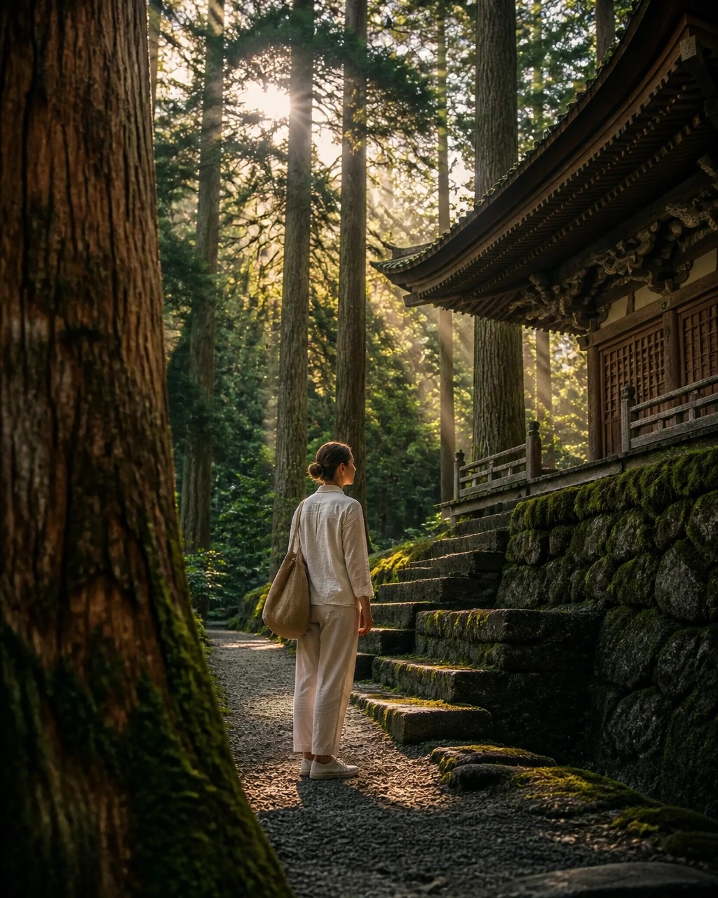 A person standing on a stone path in a forest looking toward a traditional wooden building