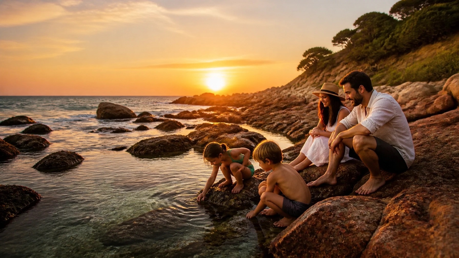 Children playing in shallow water on a family beach day