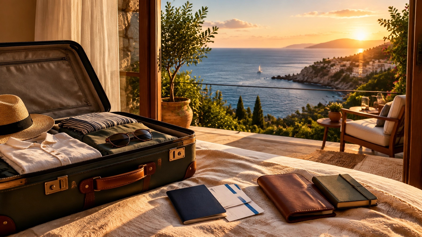 A traveler reconsidering plans with a calendar and booking confirmations