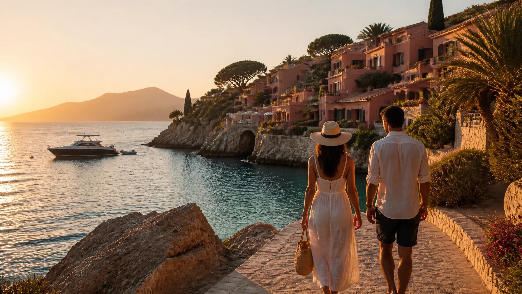 A couple walking along a coastal path at sunset