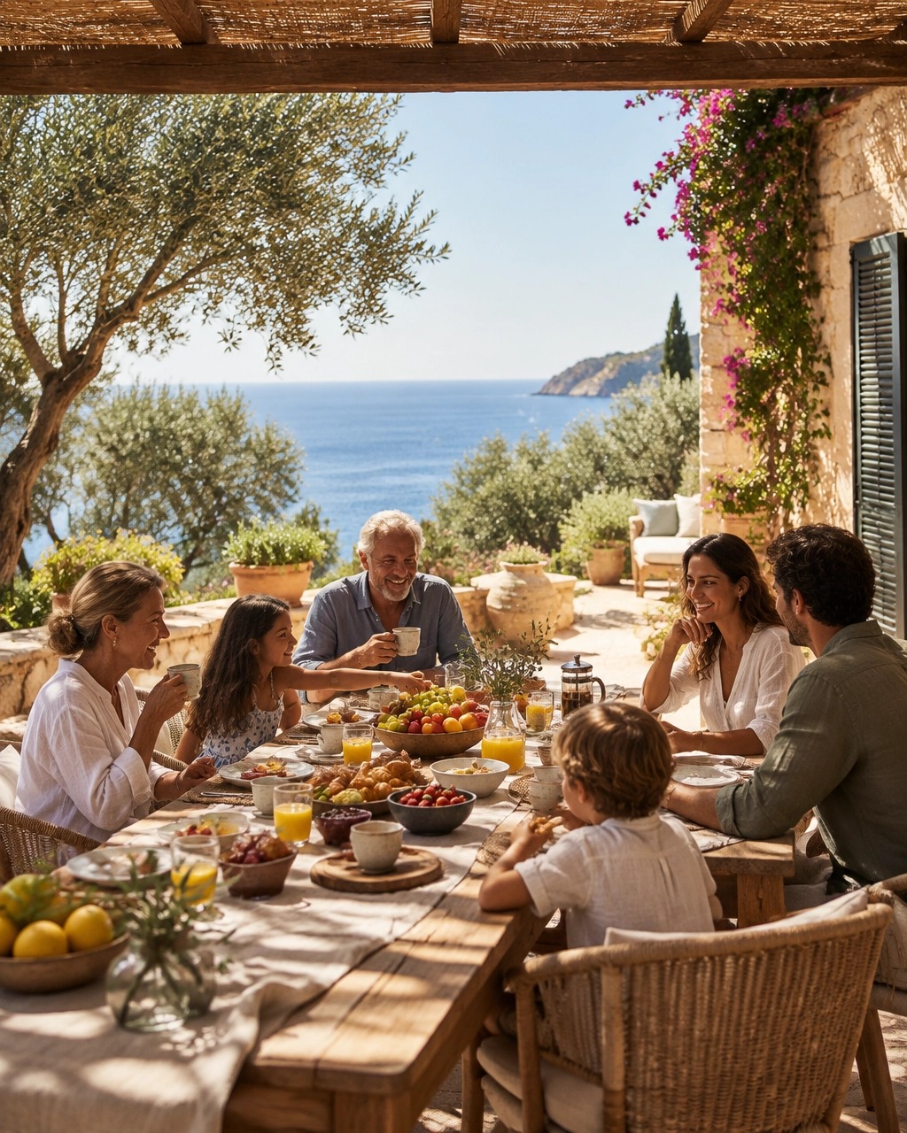 A family gathering around a shared table on a group holiday
