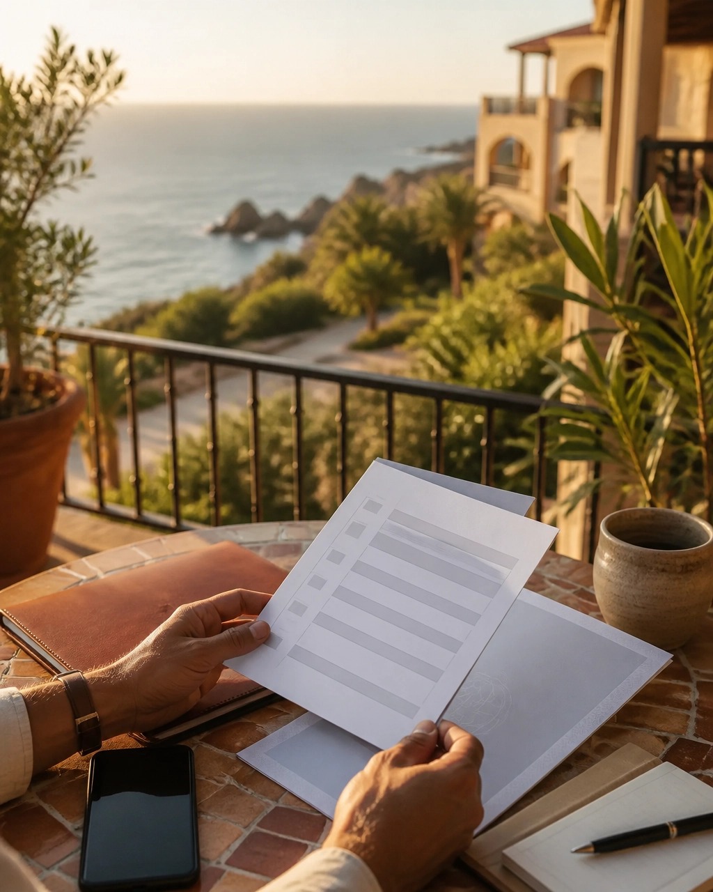 A person reviewing travel documents on a balcony overlooking the ocean