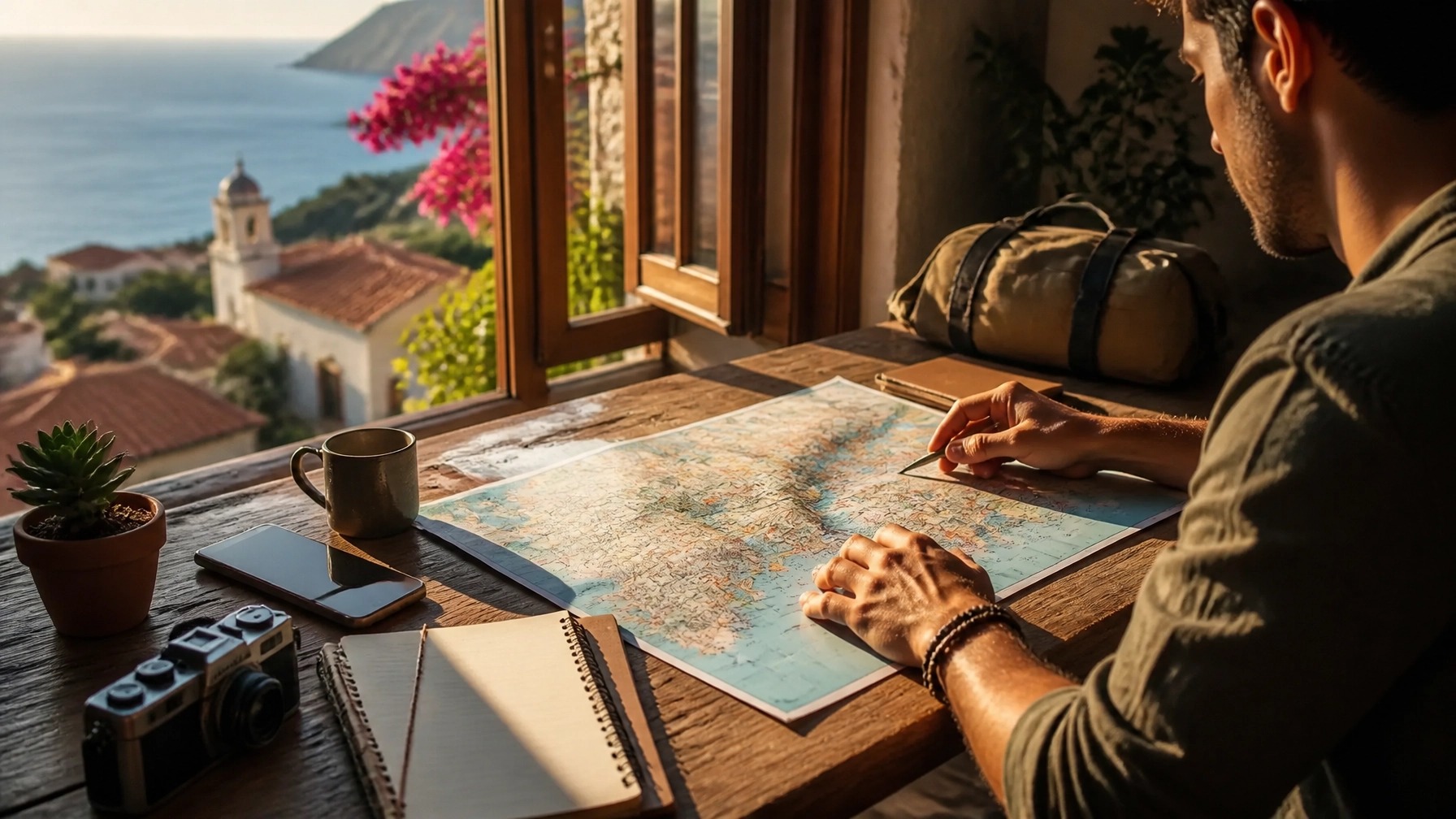 Planning a route independently with a laptop and coffee