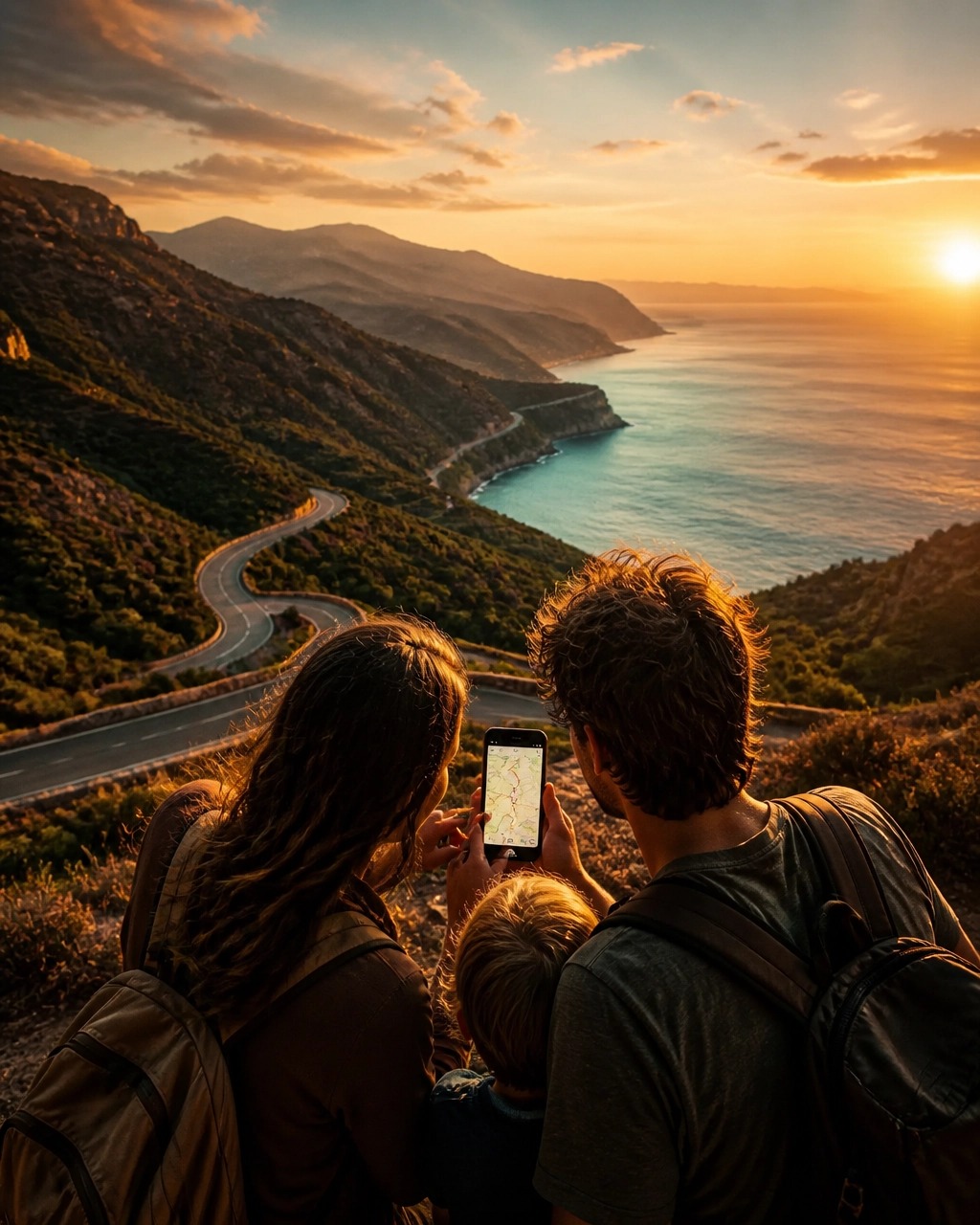 A family looking at a smartphone while overlooking a coastal road at sunset