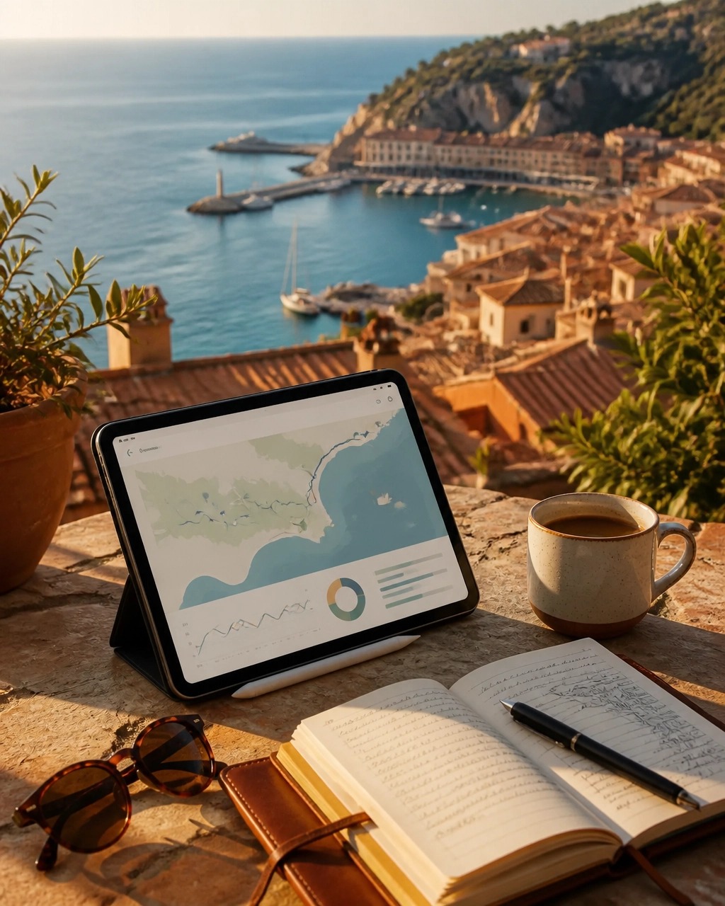 A tablet displaying a map on a table overlooking a coastal town