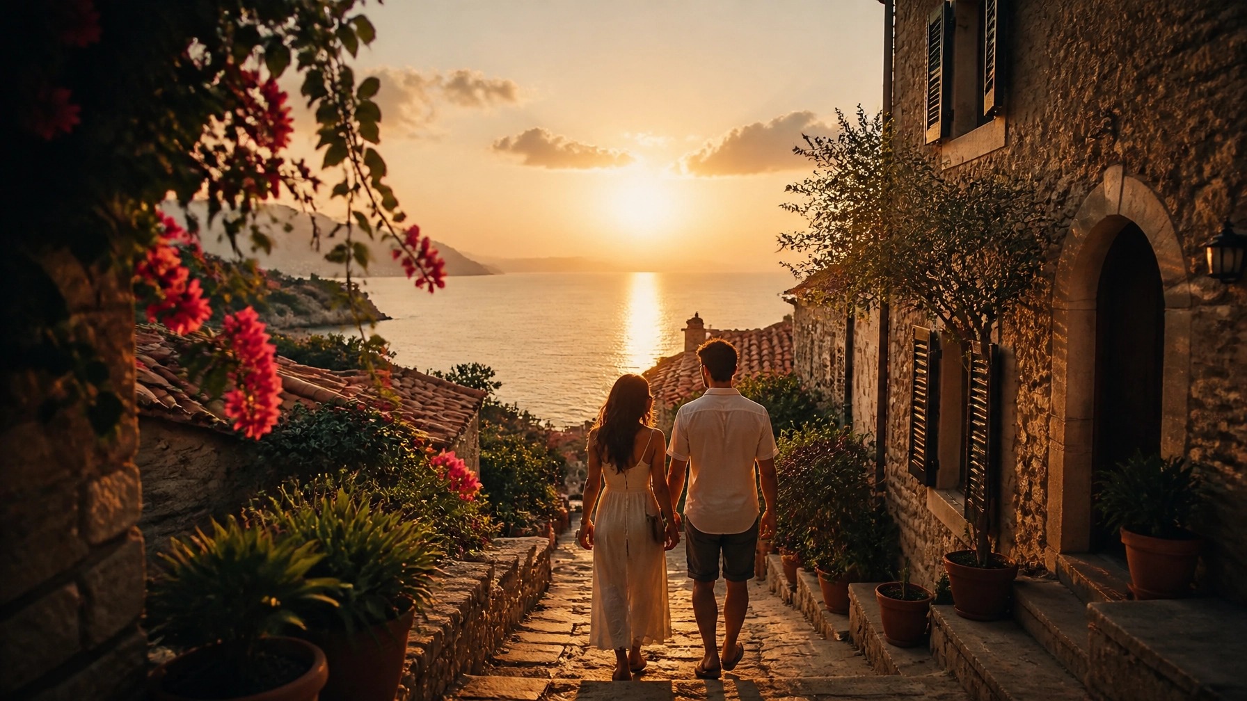 A couple walking down a stone path towards the sunset over the sea