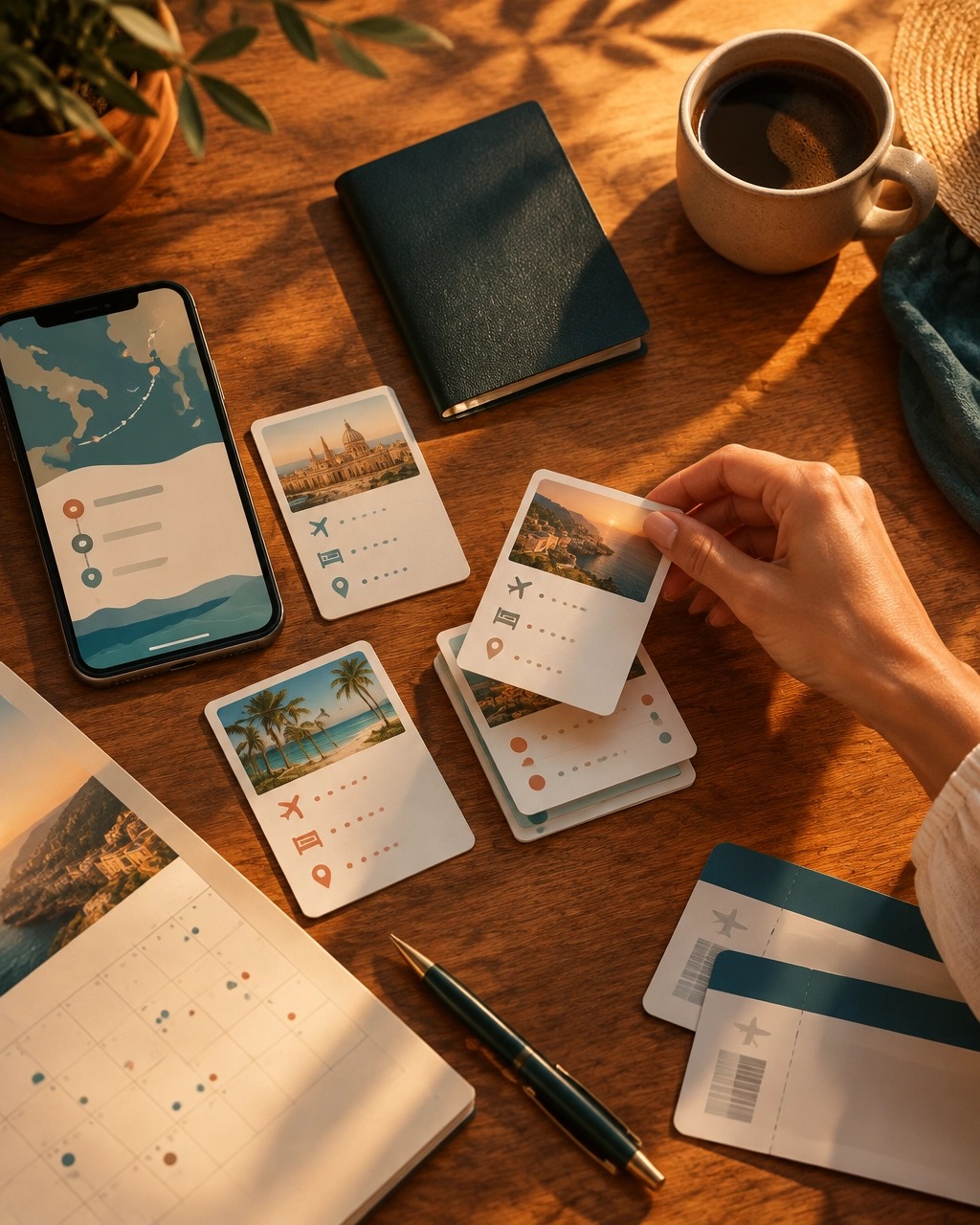 Comparing policy documents at a desk before booking a trip
