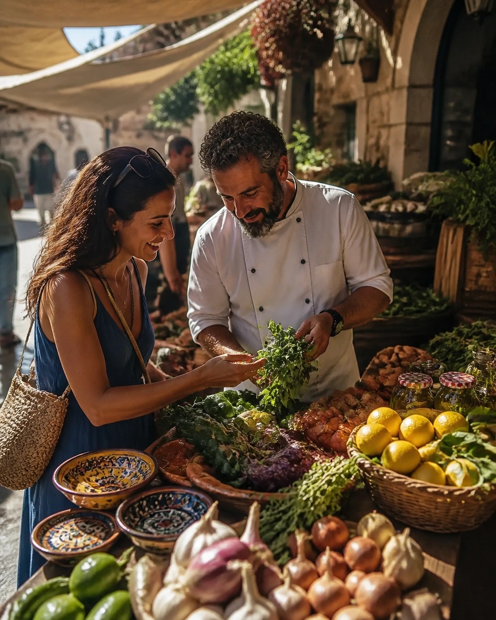 A woman and a chef selecting fresh produce at an outdoor market